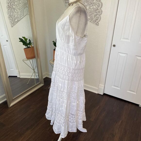 Boho White Lace Layered Tiered Cotton Midi Maxi Dress Magic L - Picture 3 of 8